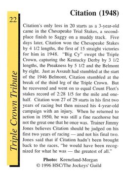 1996 Jockey Star Jockeys' Guild #22 Citation Back